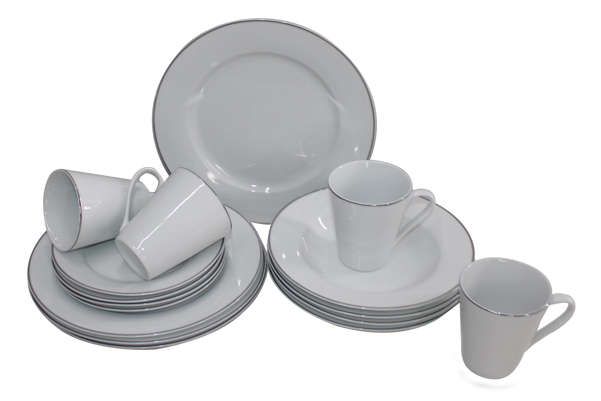 16 Piece White Ceramic Dinnerware Set with Silver Trim