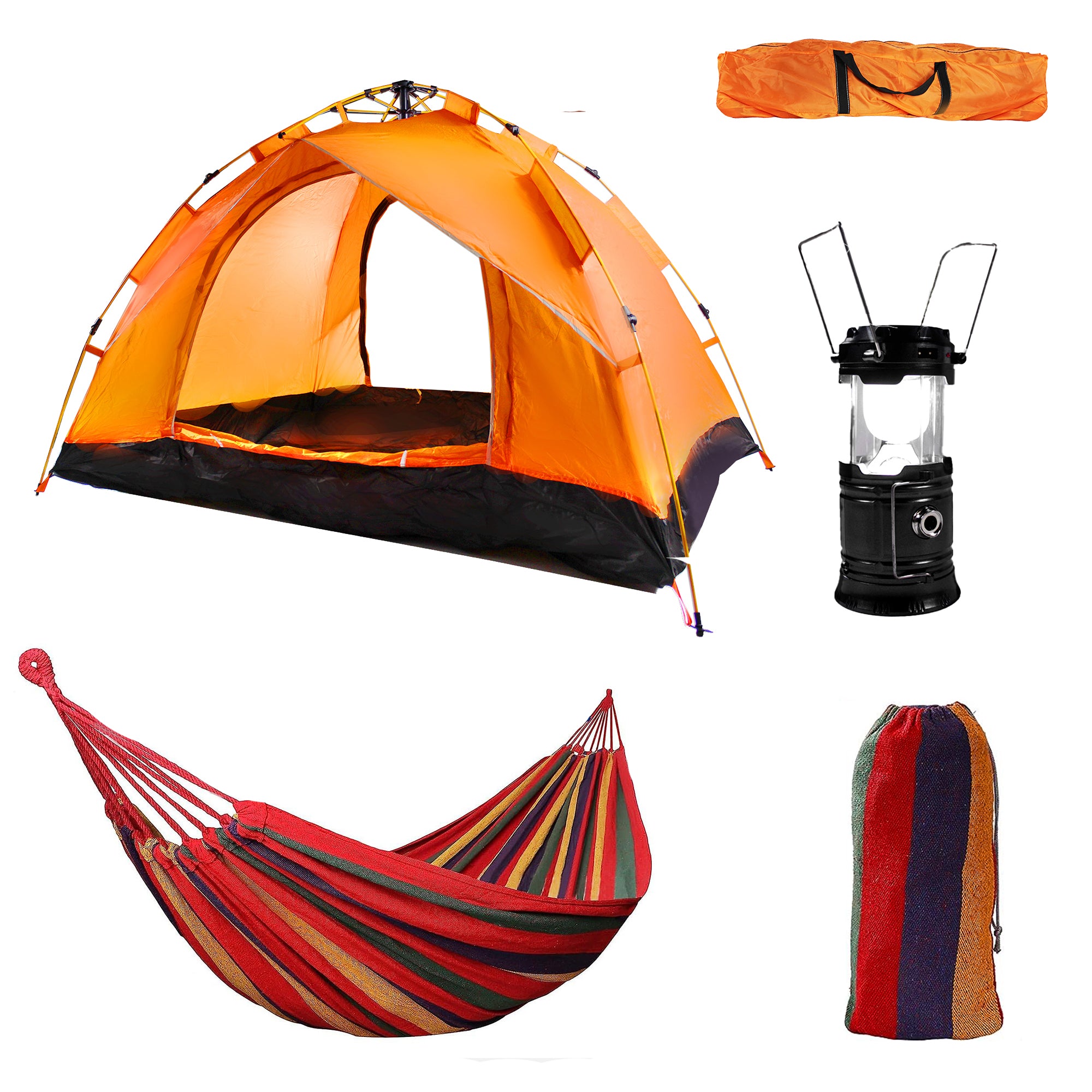 200x200cm 3 Man Instant Tent with Cotton Hammock & Solar Lantern ORG/BLK