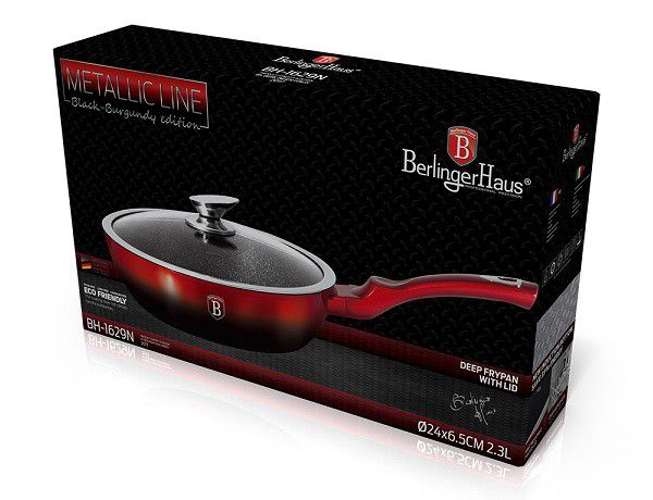 Berlinger Haus 24cm Marble Coating Deep Frypan with Lid - Black Burgundy Edition