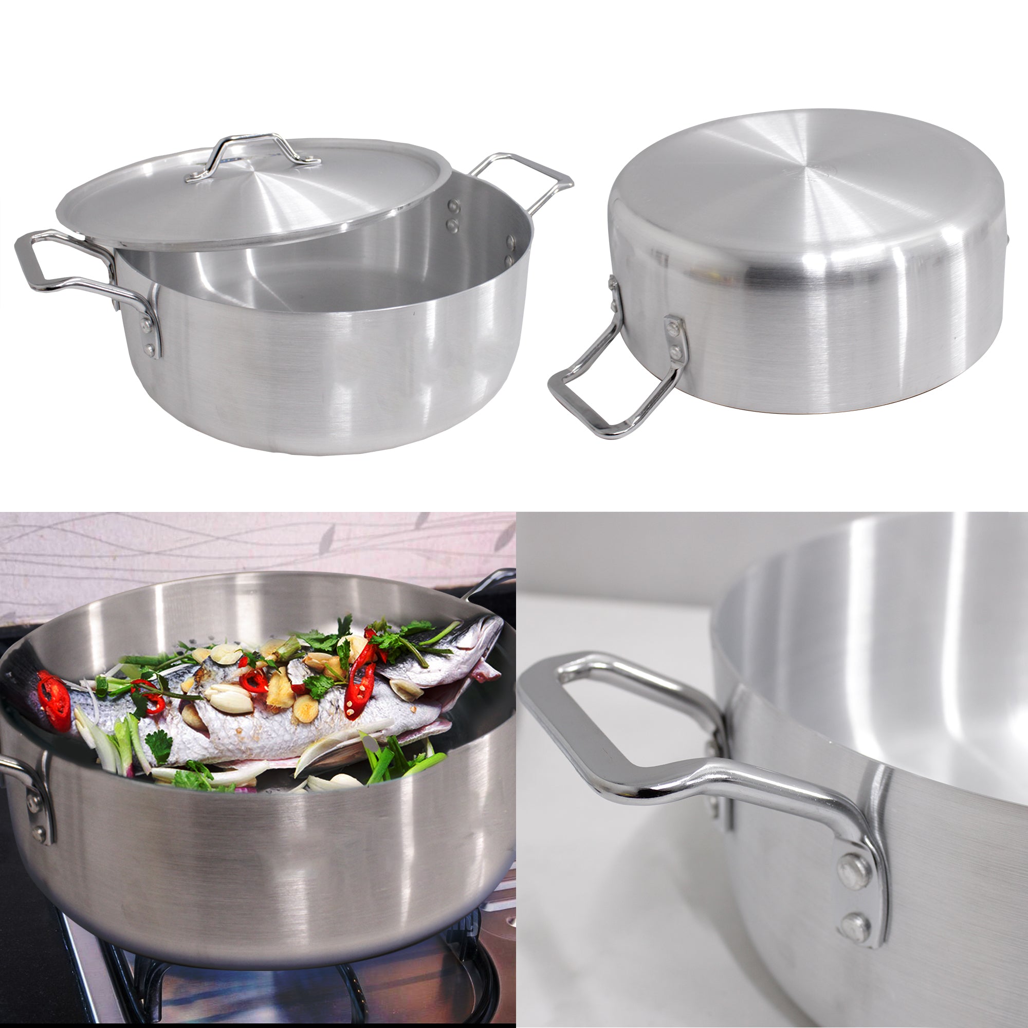 6 Piece Brushed Aluminium Large Brazing Fish Pot Set - 30 38 and 36cm