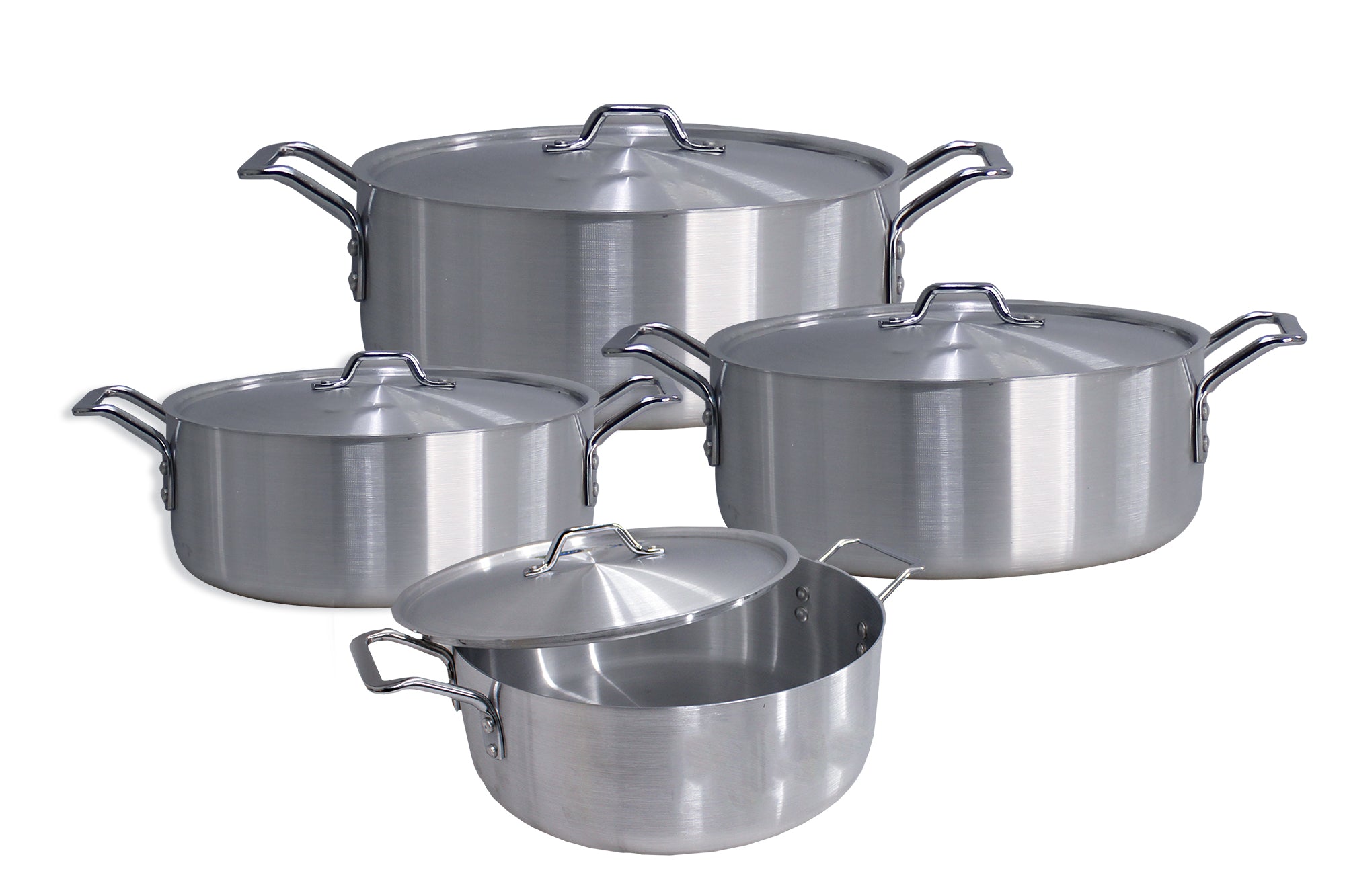 8 Piece Brushed Aluminium Large Brazing Fish Pot Set - 33 30 28 and 26cm