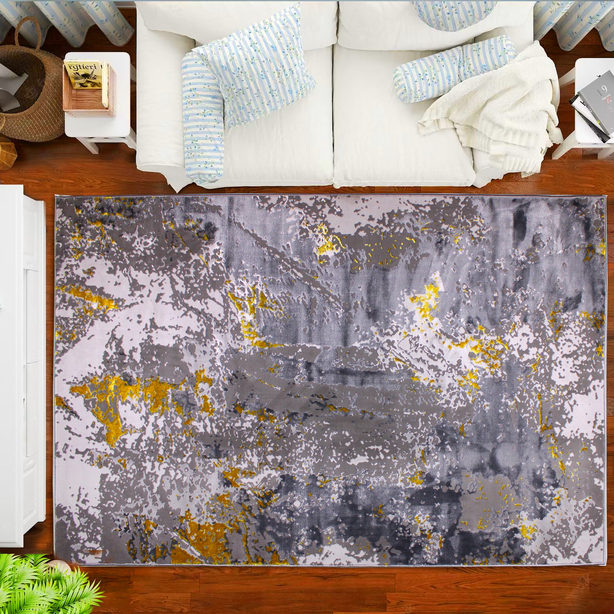 230x160 Babil Textured Turkish Shimmering Yarn Rug - Light Grey / Yellow 5769D-GY