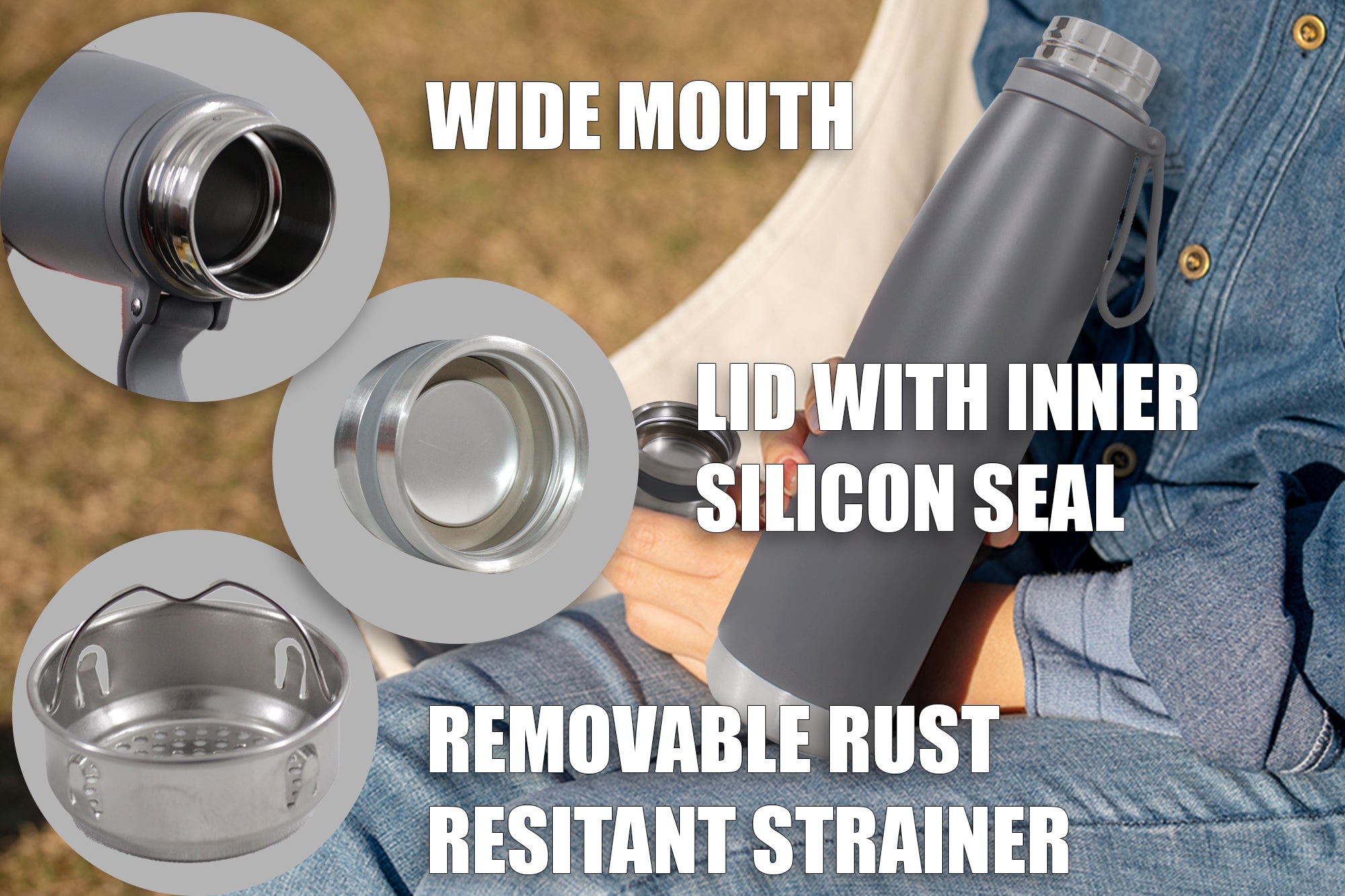 Stainless Steel Hot & Cold Vacuum Bottle with Strap & Strainer - 1 Litre