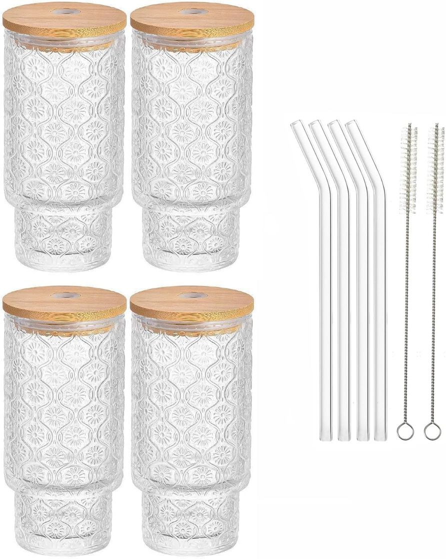 LMA 320ml Glass Tumbler & Straw Set with Bamboo Lids - Set of 4