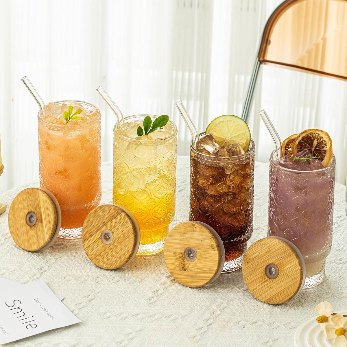 LMA 320ml Glass Tumbler & Straw Set with Bamboo Lids - Set of 4