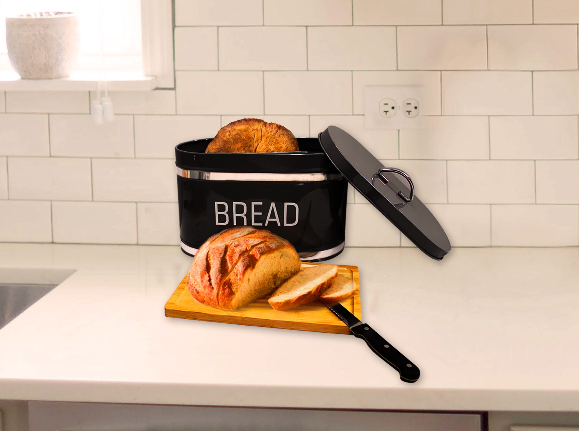 Glossy Oval Double Loaf Bread Bin, 6 Piece Matching Canister and Spoon Set