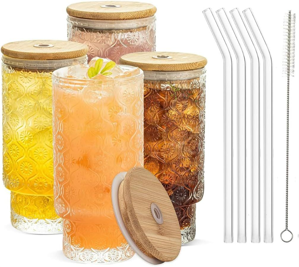 LMA 320ml Glass Tumbler & Straw Set with Bamboo Lids - Set of 4