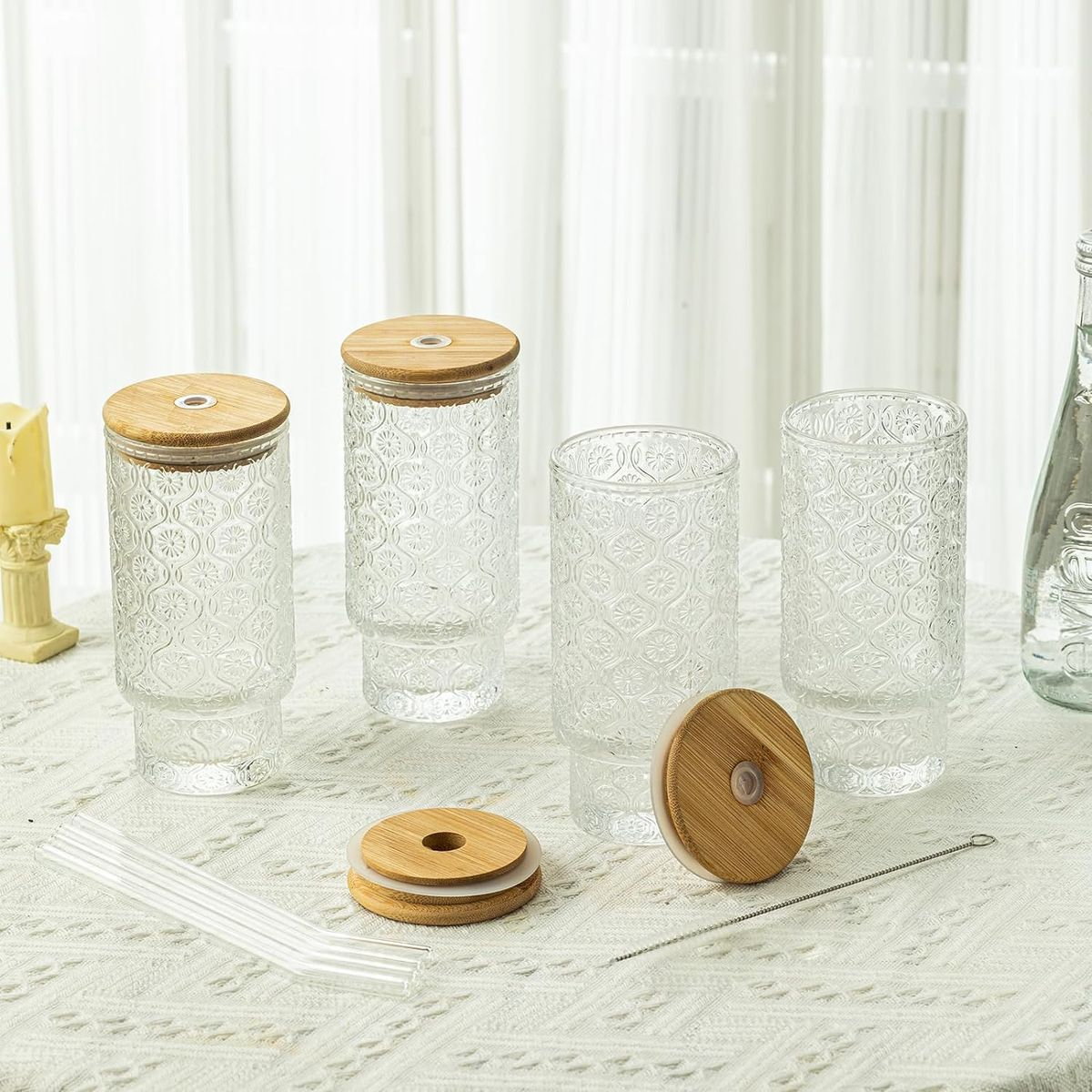 LMA 320ml Glass Tumbler & Straw Set with Bamboo Lids - Set of 4