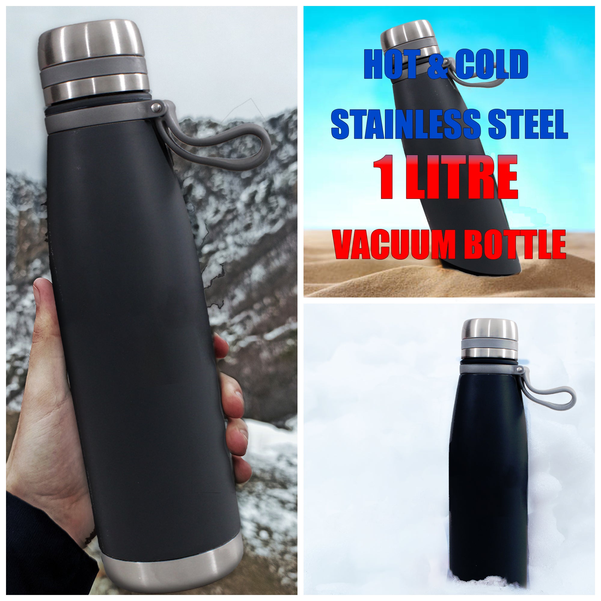 Stainless Steel Hot & Cold Vacuum Bottle with Strap & Strainer - 1 Litre