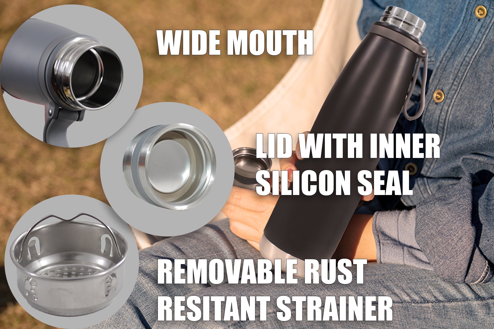 Stainless Steel Hot & Cold Vacuum Bottle with Strap & Strainer - 1 Litre