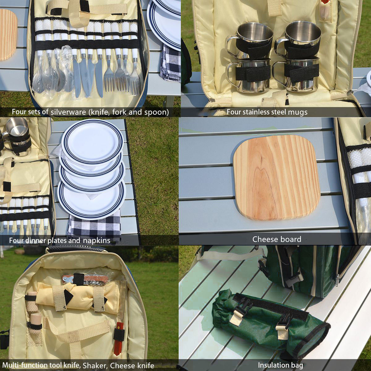 LMA 32 Piece Outdoor All-in-One Camping Picnic Backpack for 4 with Plates Cutlery Power Flask & Cups