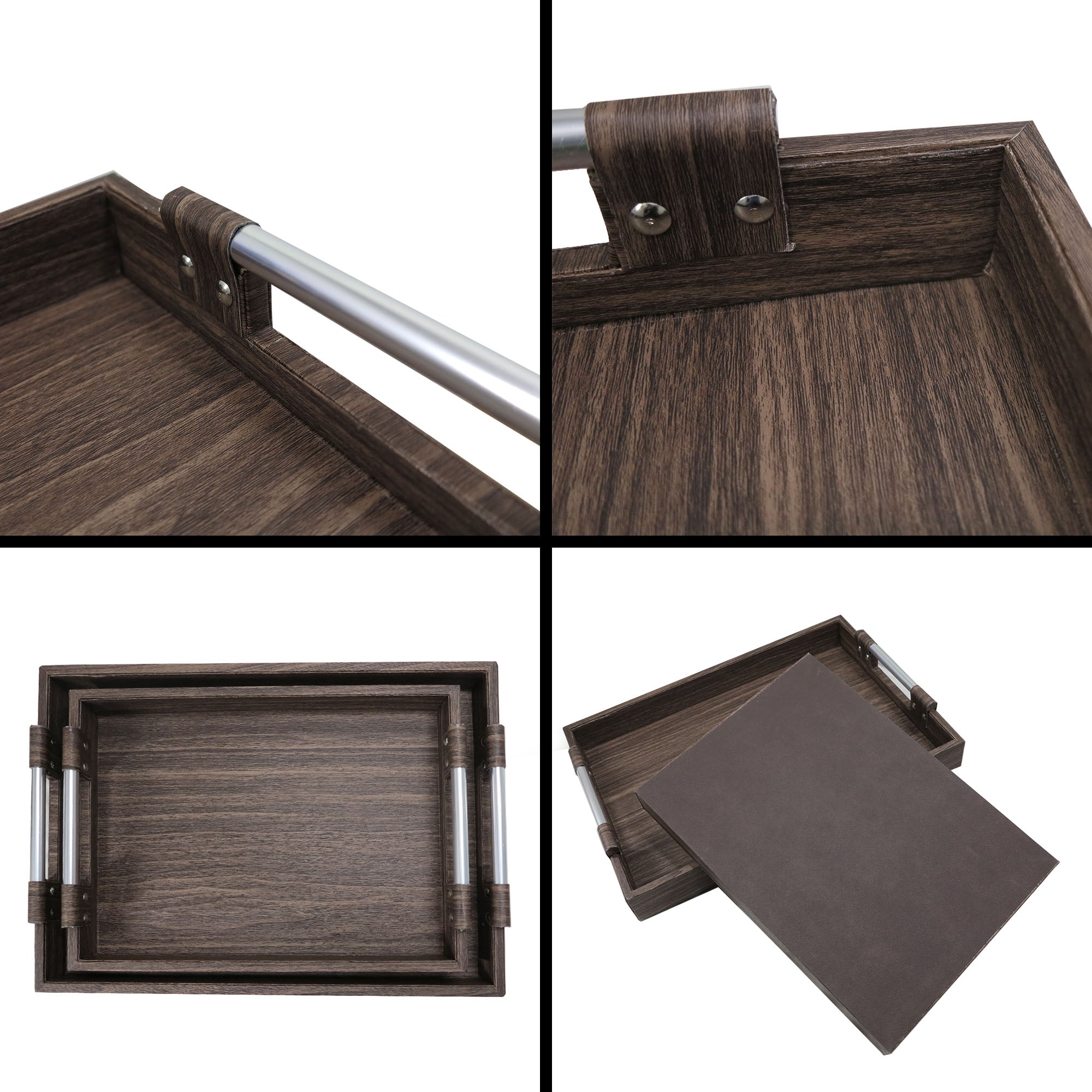 2 Piece Wooden Tray Set with Imitation Bark Leather Bind 2730 - 48cm & 41cm