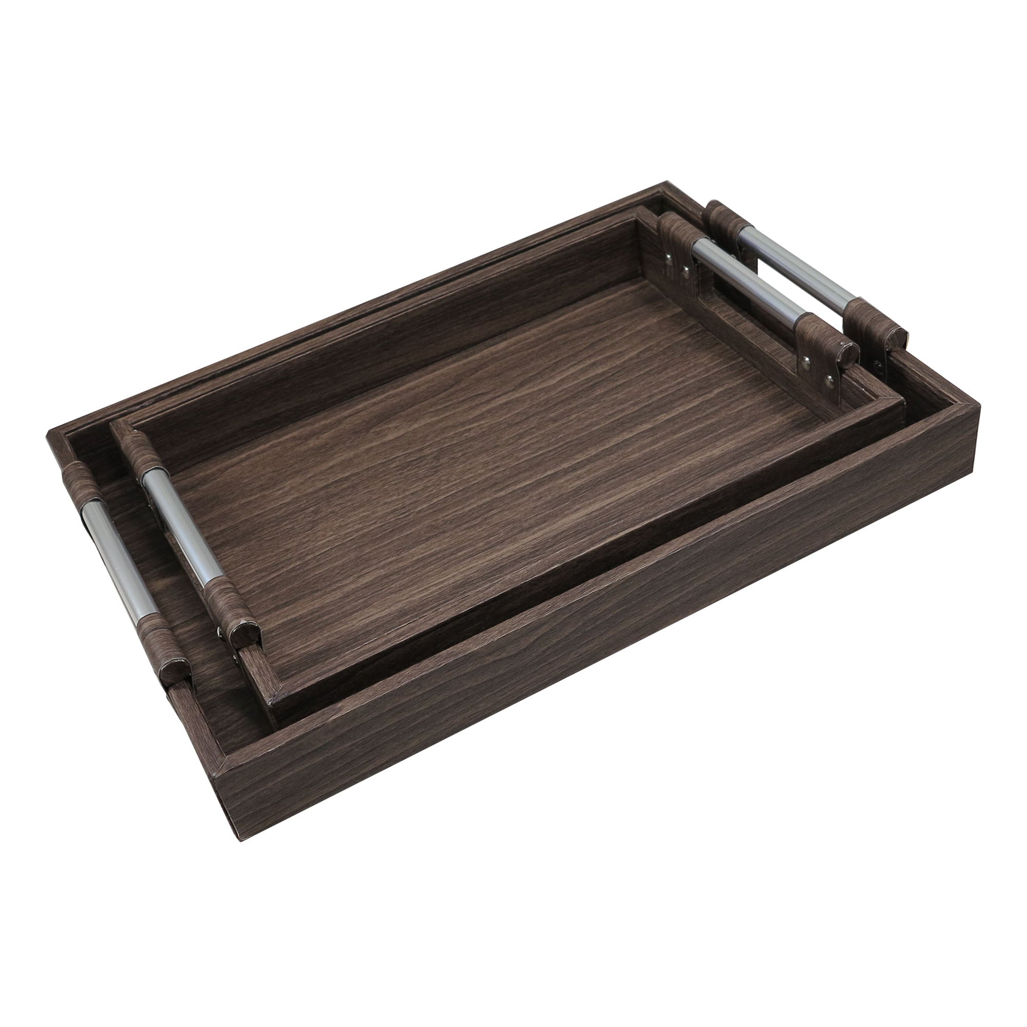 2 Piece Wooden Tray Set with Imitation Bark Leather Bind 2730 - 48cm & 41cm
