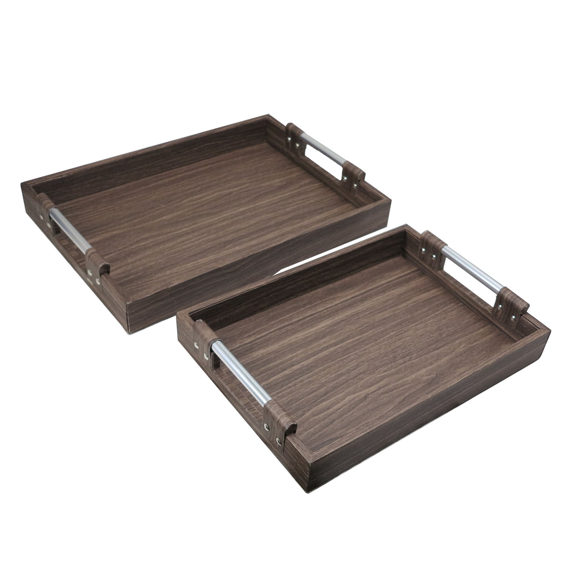 2 Piece Wooden Tray Set with Imitation Bark Leather Bind 2730 - 48cm & 41cm