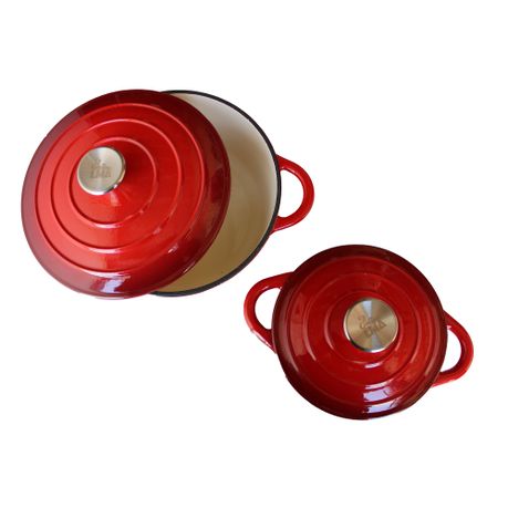 LMA Branded 7 Piece Cast Iron Cookware Set & Two Piece Utensil Set - Red