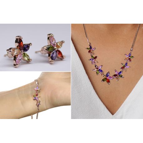 LMA - Five Pointed Floral Stud Star Bracelet Earring & Necklace Jewellery Set