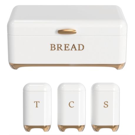 Glossy Retro Stainless Steel Bread Bin & Matching Caniser Set - Hook Handle