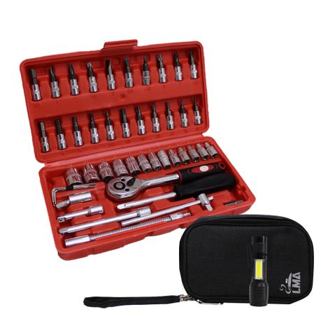 48 Pc DIY Emergency Repair Socket Combination Tools Pouch &Torch Tool Set