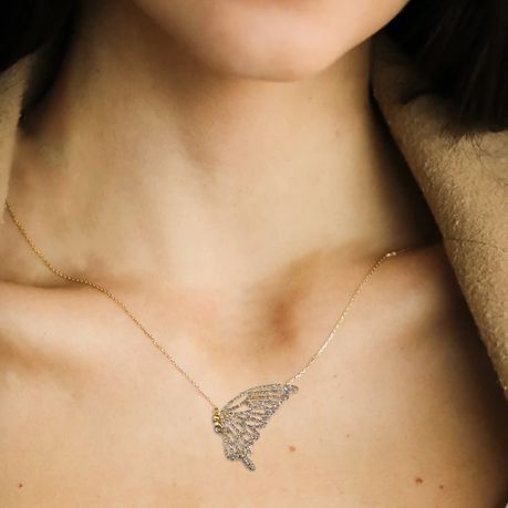 LMA Glittering Crystal Encrusted Butterfly Wing Pendant Necklace