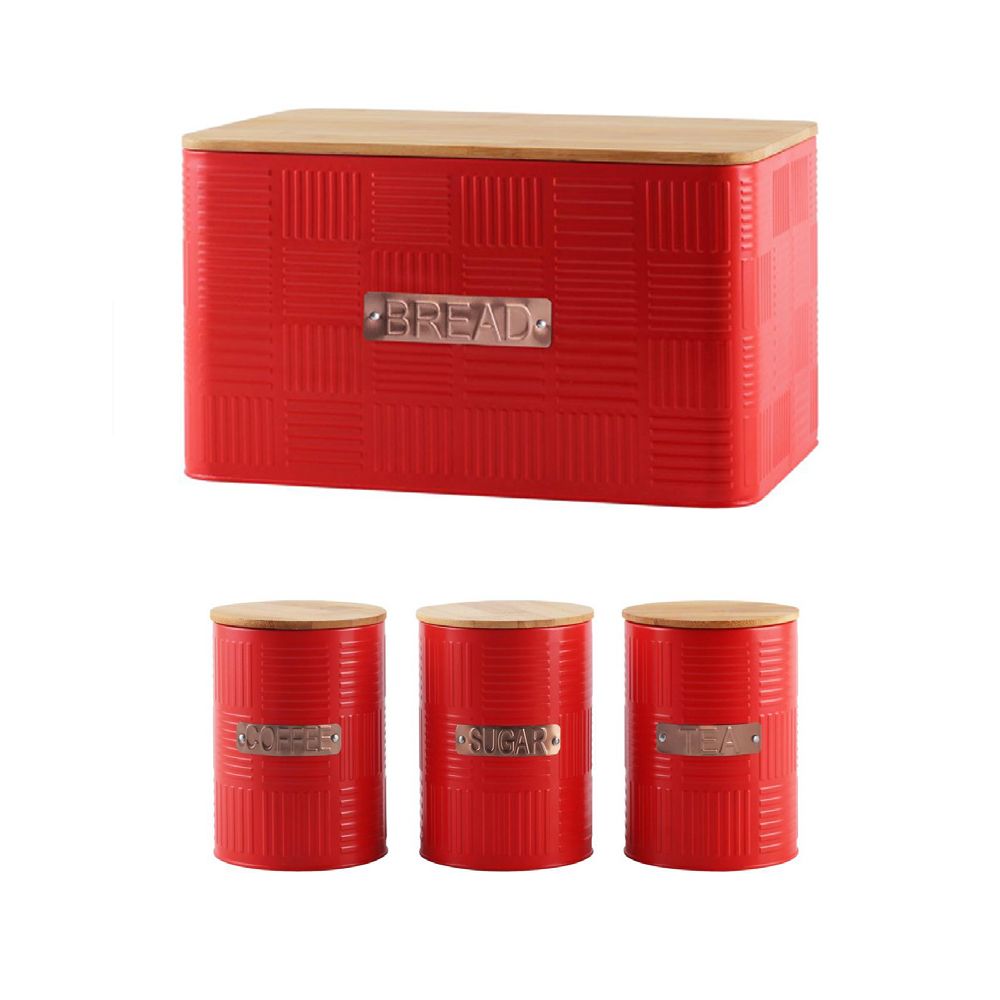 Bread Bin Steel Design with Bamboo Lid with 3 Piece Canister Set