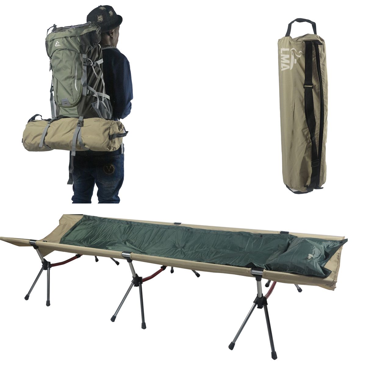 LMA 190x65cm Lightweight Portable Camping Cot Stretcher Bed Single XL - Metal Frame
