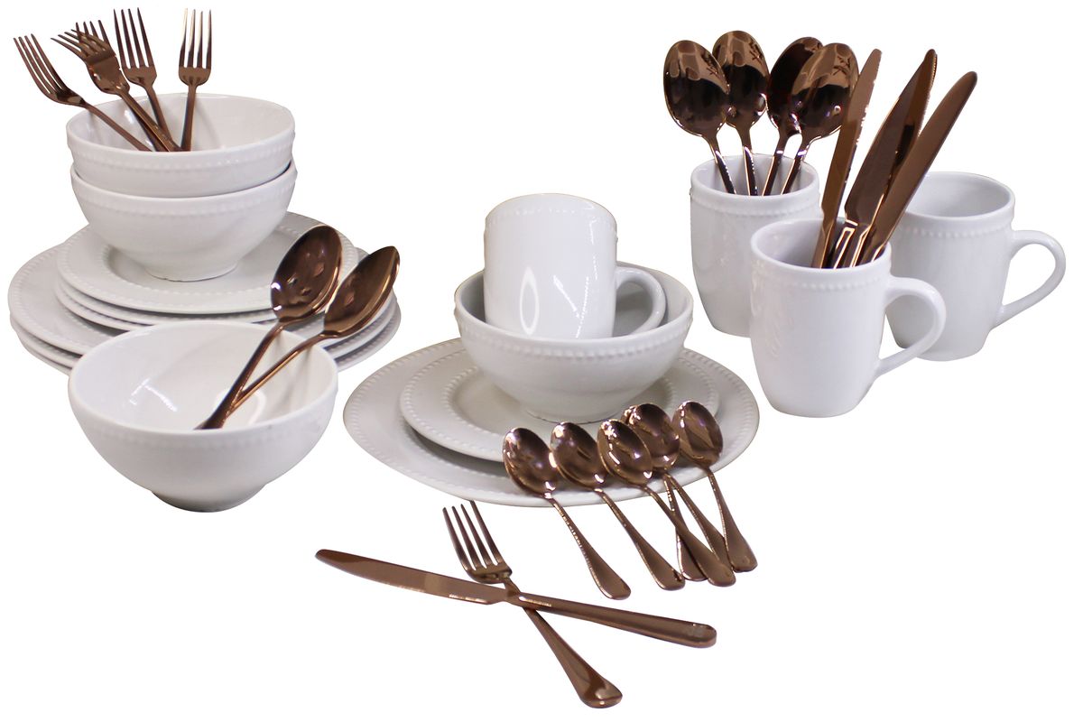 16 Piece Round Ceramic Dinner Set - Off White with Beaded Trim - PC02