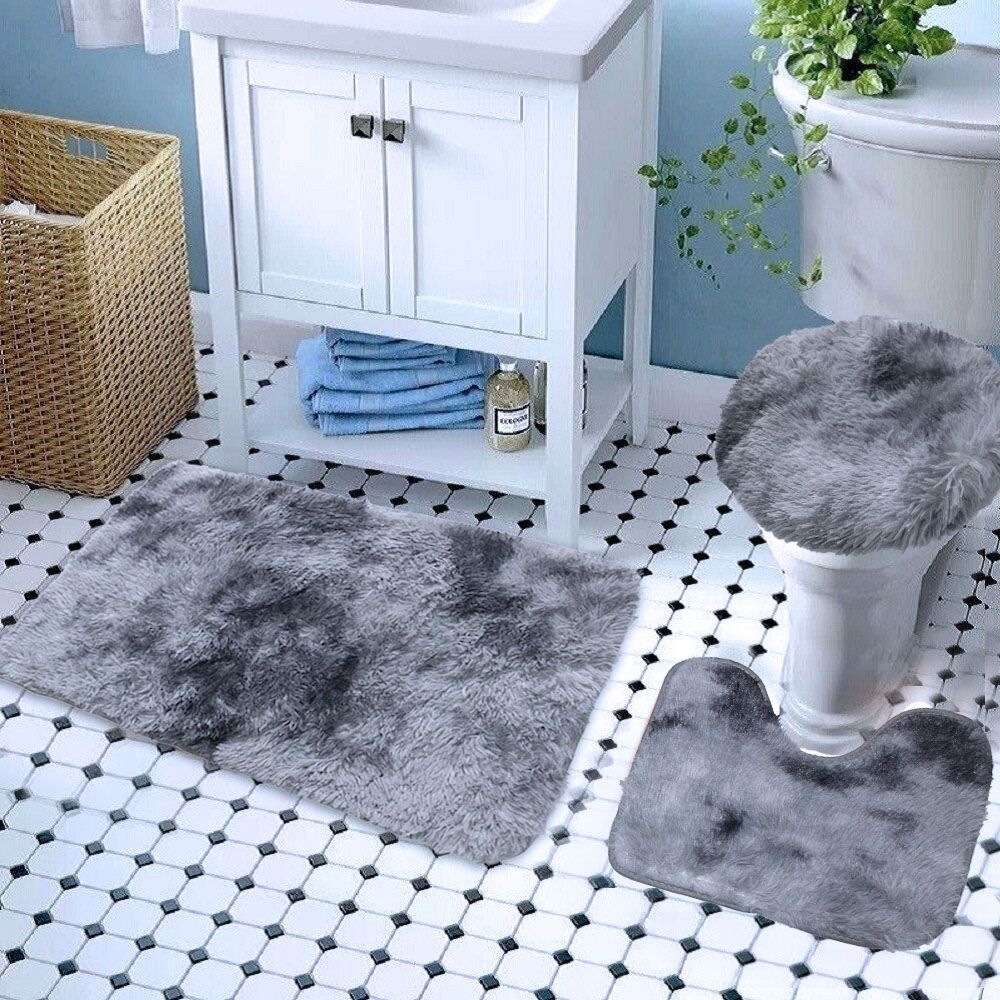 3 Piece Non-Slip Plush Two Tone Toilet Cover & Bathroom Mats Set - Comet