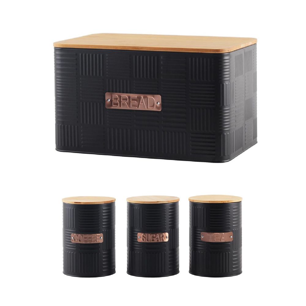Bread Bin Steel Design with Bamboo Lid with 3 Piece Canister Set