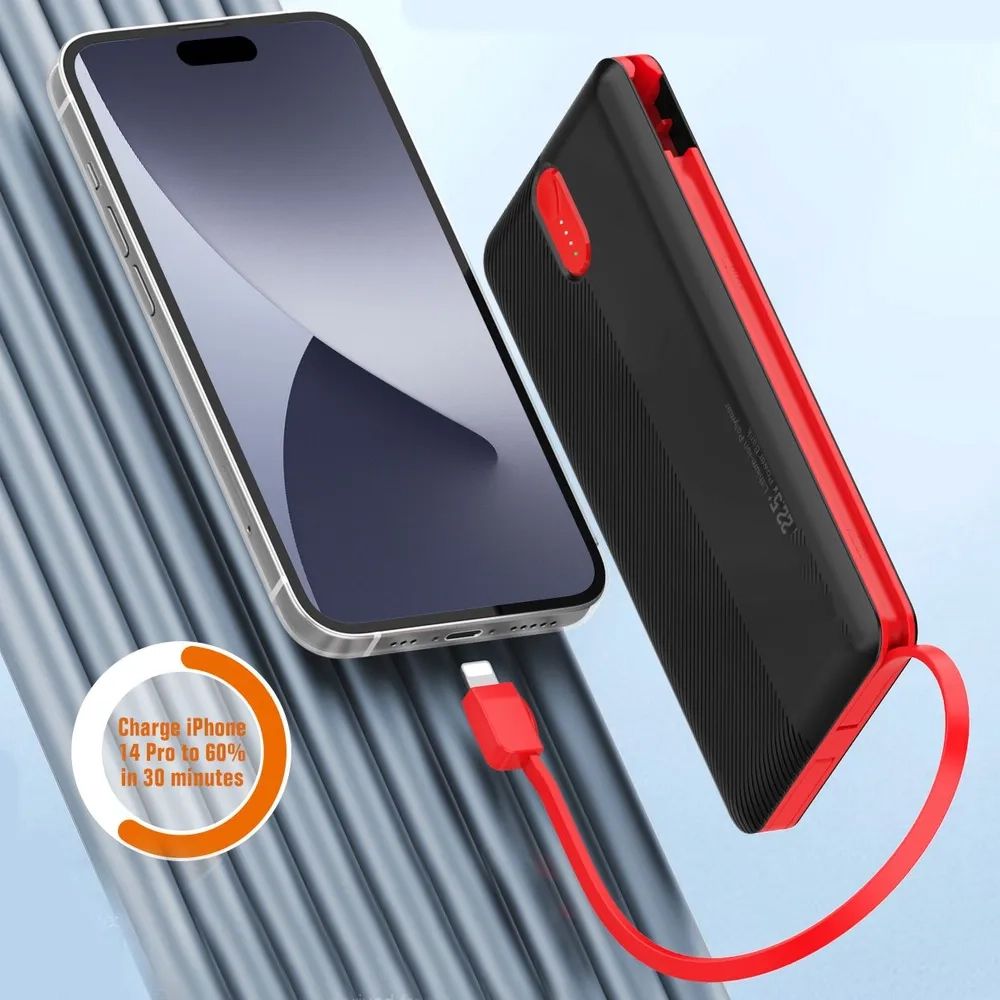 10000mAh 22.5W Slim Power Bank with Dual Built-in Cables & Carry Pouch PQ13