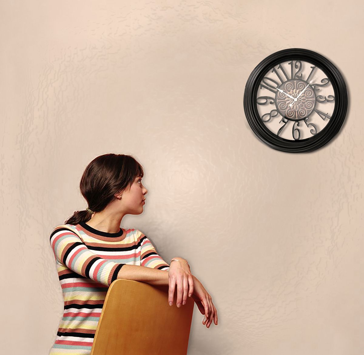 Modern 40cm Hollow Back Round Wall Clock with Cutout Dials - 021