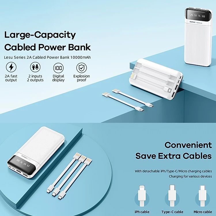 10000mAh Slim 2A Power Bank with 3 Detachable CableS & Carry Pouch