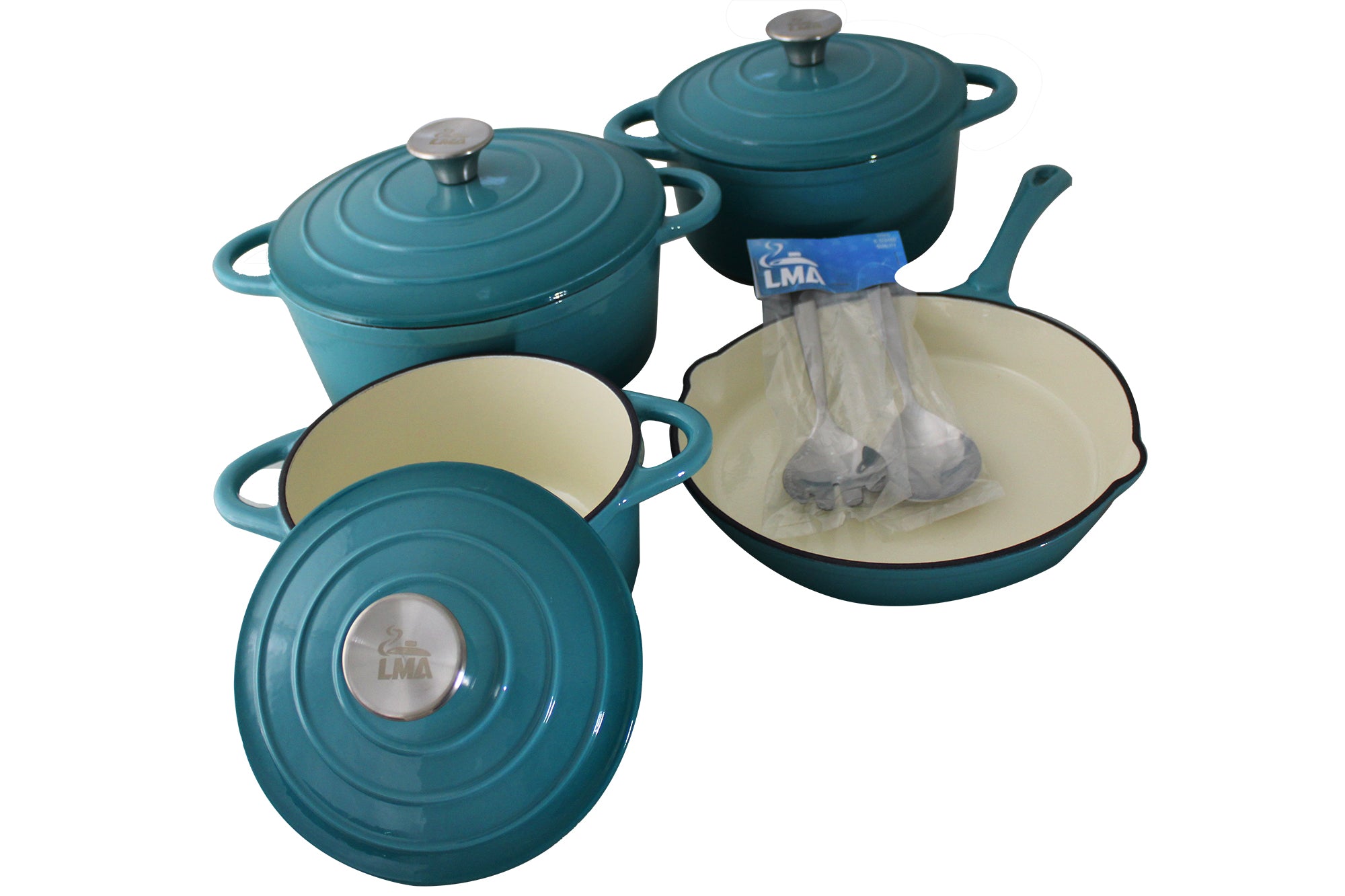 LMA 7 Piece Cast Iron Dutch Oven Cookware Pot & Pan Set