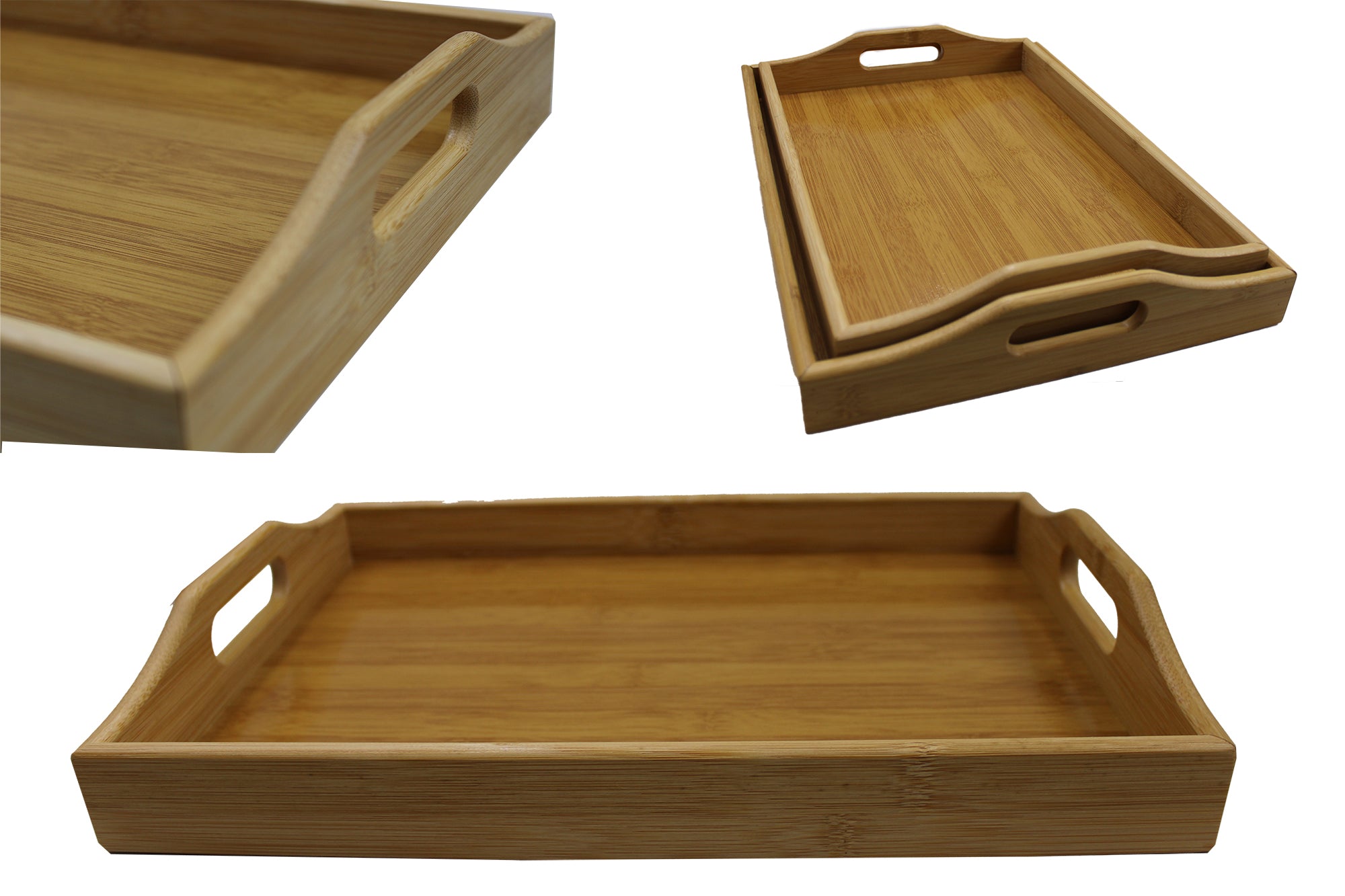 2 Piece Bamboo Serving Tray with Handle Set - 39 x 29 and 36 x 26cm