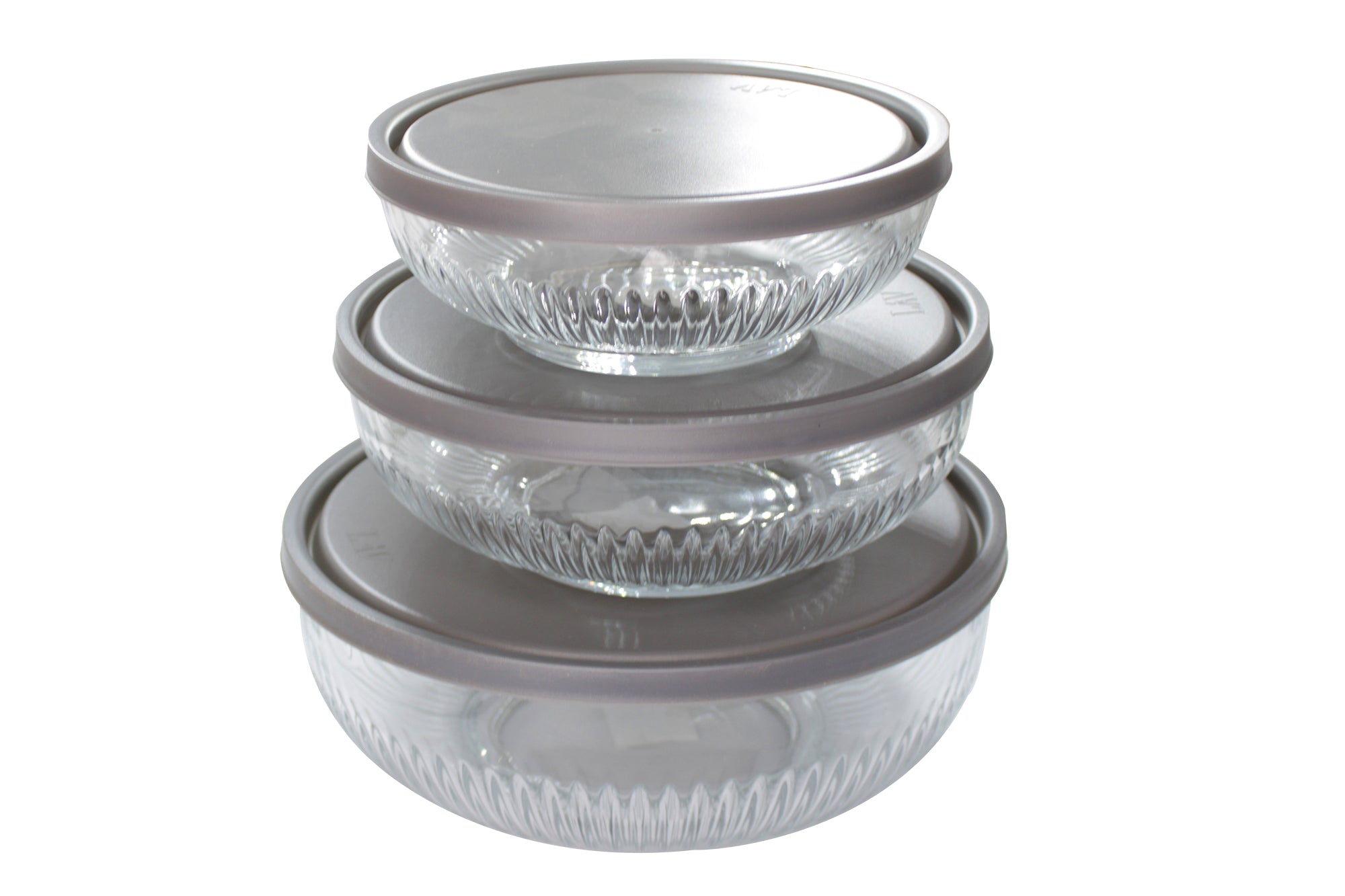 3 Piece Nesting Cut Glass Bowl Set with Silicon Lids - 8, 1.2, & 2.2L