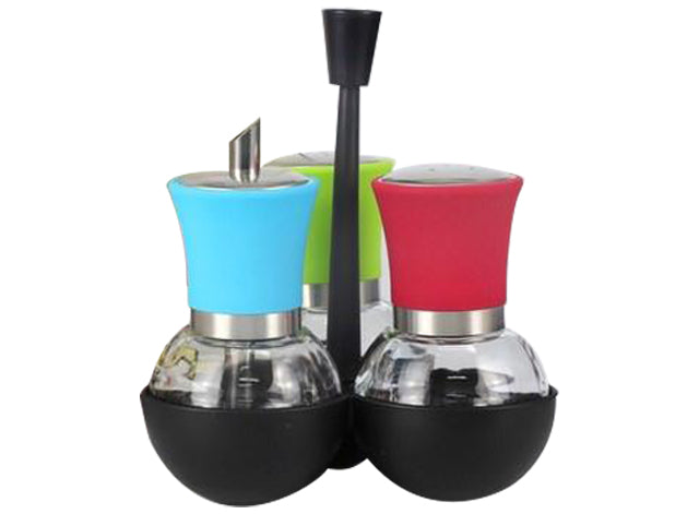 4 Piece Glass Shaker Set with Holder - Salt Pepper & Vinegar Shaker Set