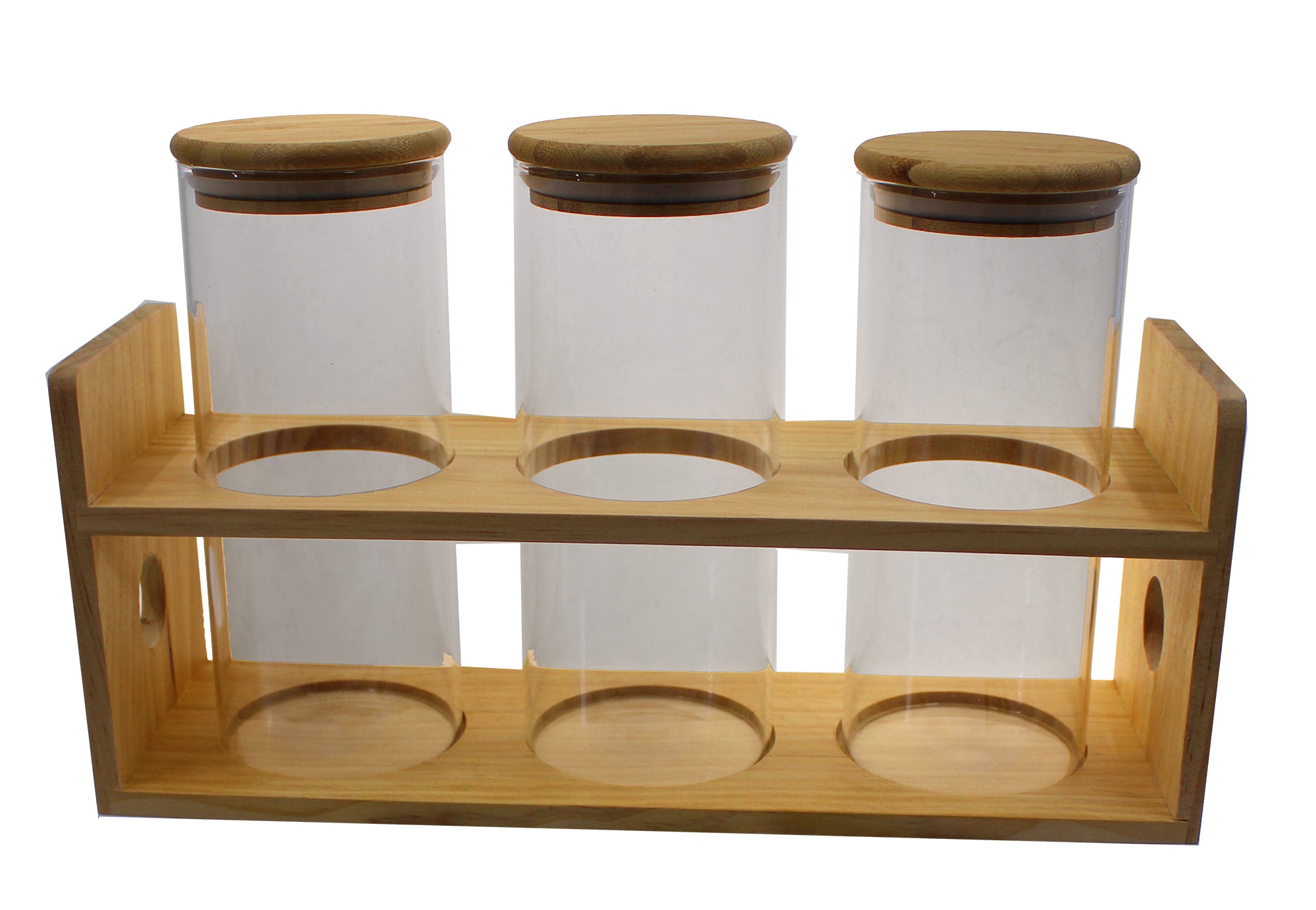 4 Piece 1000ml Glass Jar Spice Set with Bamboo Lids & Wooden Holder - Round