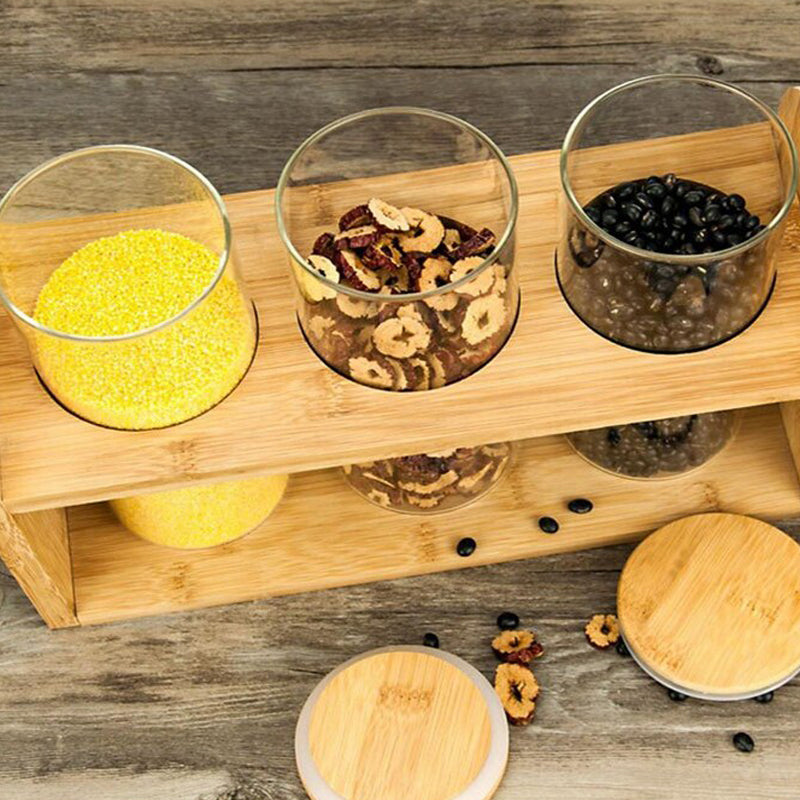 4 Piece 1000ml Glass Jar Spice Set with Bamboo Lids & Wooden Holder - Round