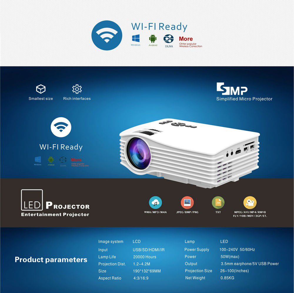 Fom Portable LED WiFi Home Cinema Projector