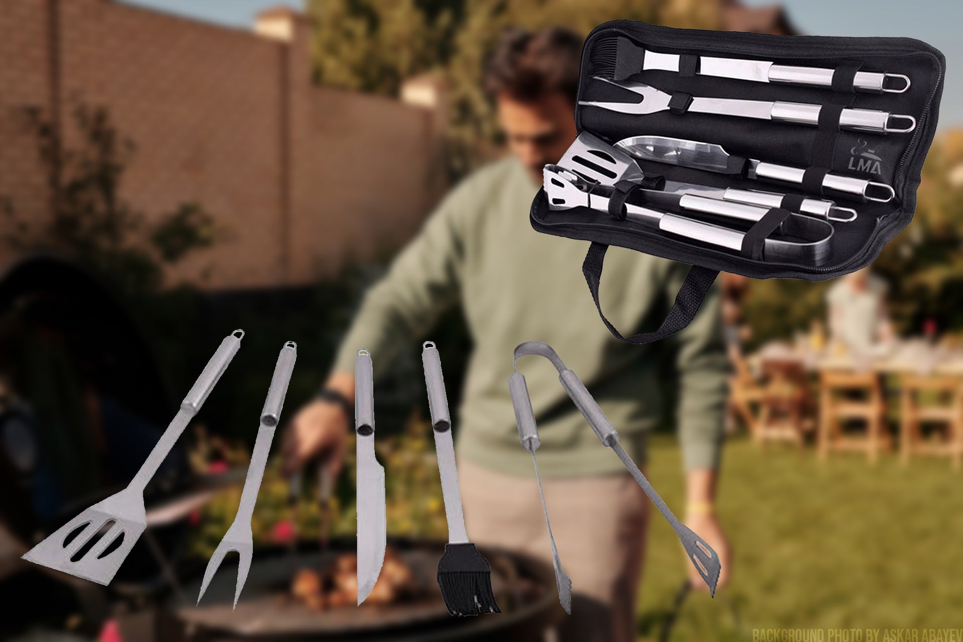 LMA Stainless Steel 5 Piece Braai Master Utensil Set in Carry Bag
