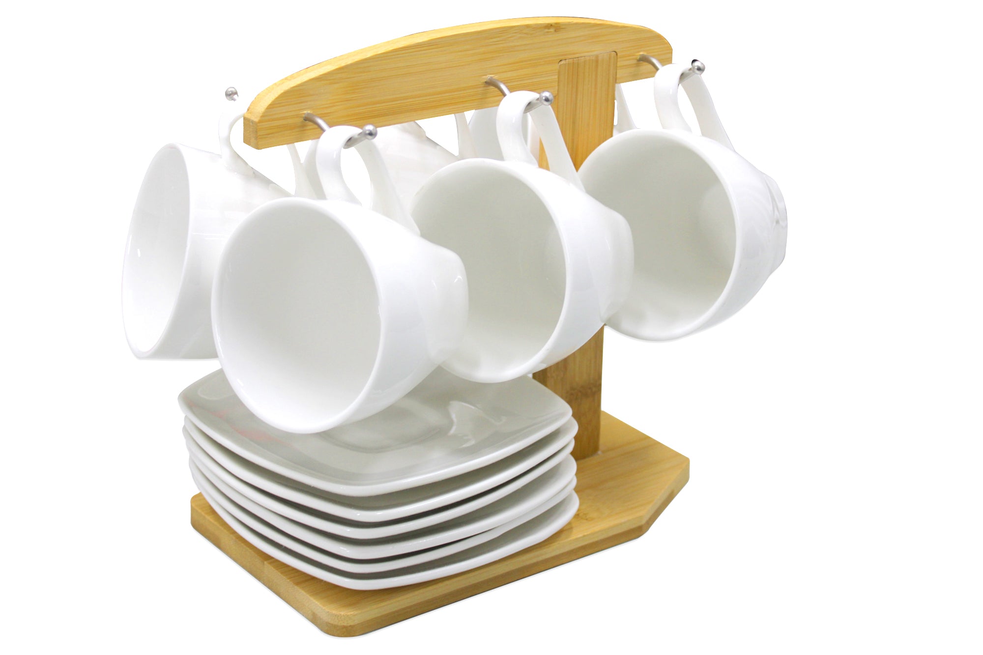 13 Piece Elegant White Ceramic Coffee and Tea Mugs Saucers & Bamboo Stand