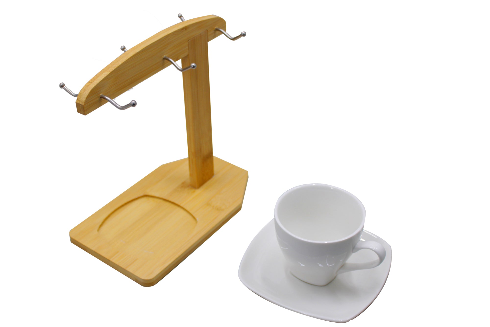 13 Piece Elegant White Ceramic Coffee and Tea Mugs Saucers & Bamboo Stand