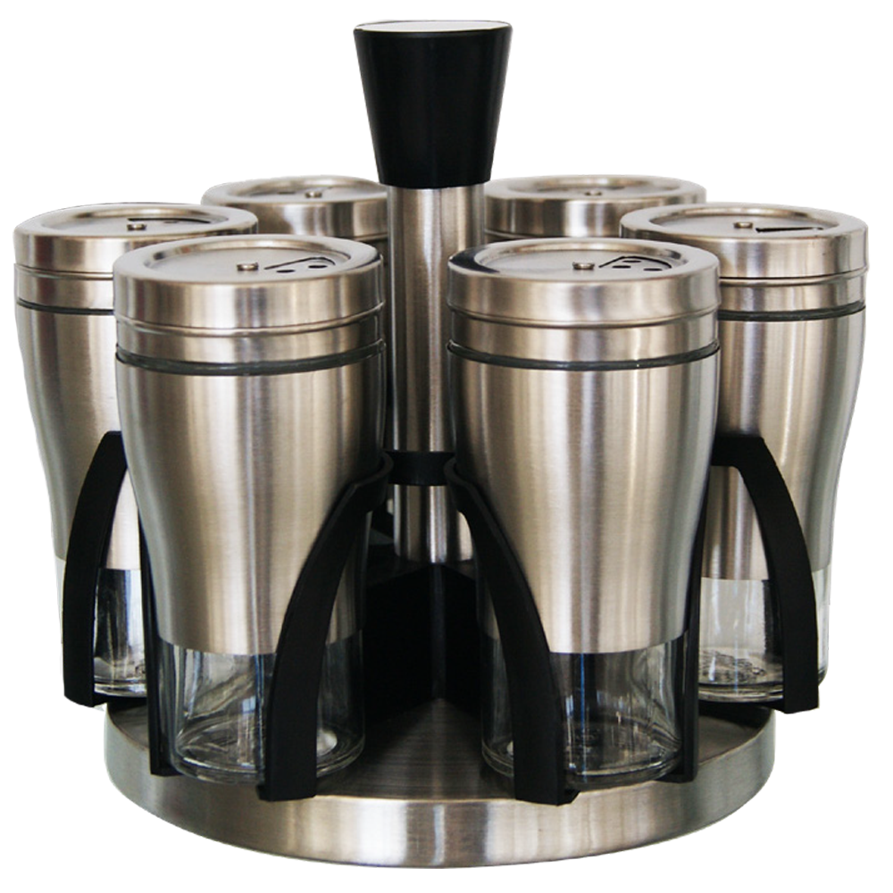7 Piece Broad Glass Spice Jars in Stainless Steel Jacket & Rotating Spice Rack