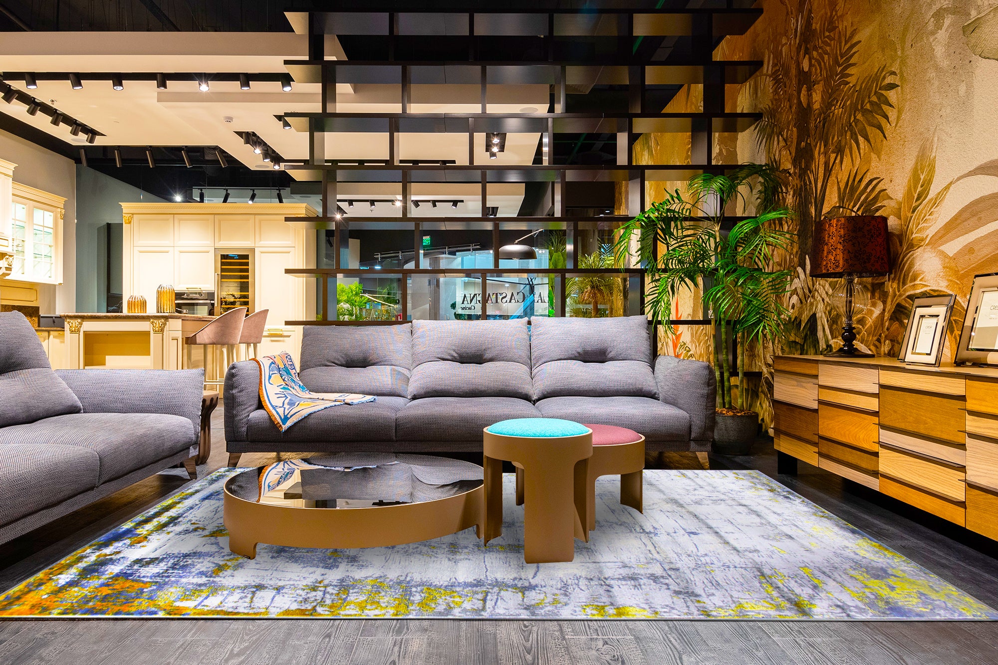 230cmx160cm Babil Textured Turkish Rug with Shimmering Yarn - Blue Grey Yellow 9974A