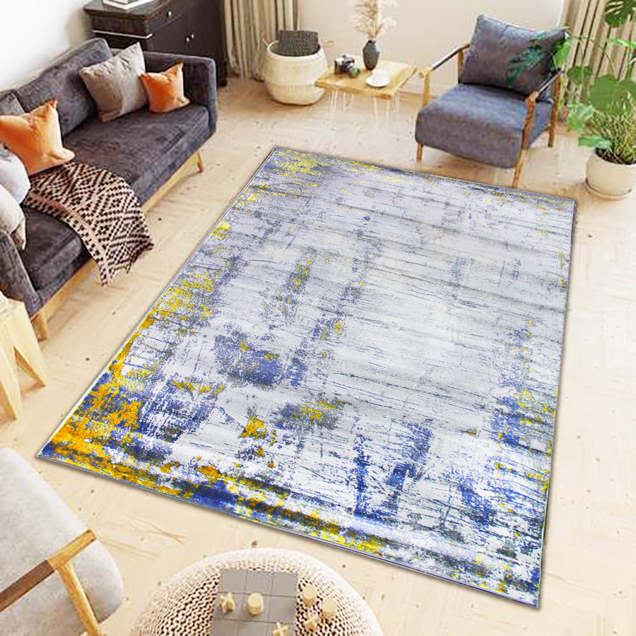 230cmx160cm Babil Textured Turkish Rug with Shimmering Yarn - Blue Grey Yellow 9974A
