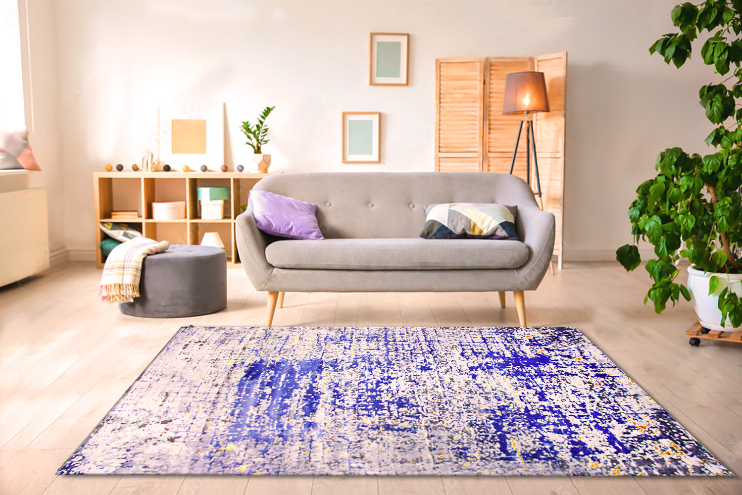 230cmx160cm Babil Textured Turkish Rug with Shimmering Yarn - Blue Grey Yellow 9975A