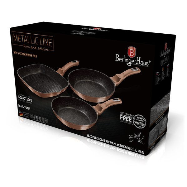 Berlinger haus 3-piece marble coating fry & grill pan set - rose gold