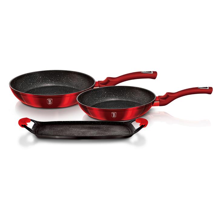 Berlinger haus marble coating 3-piece frypan and grill plat set - burgundy metallic