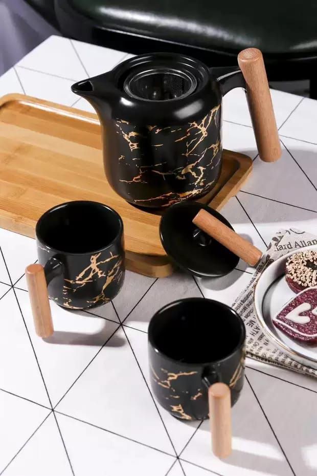 6-Piece Ceramic Black Marble and Bamboo Tea Pot 4-Piece Cup and Serving Tray