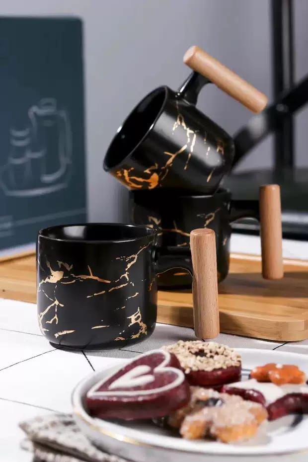 6-Piece Ceramic Black Marble and Bamboo Tea Pot 4-Piece Cup and Serving Tray