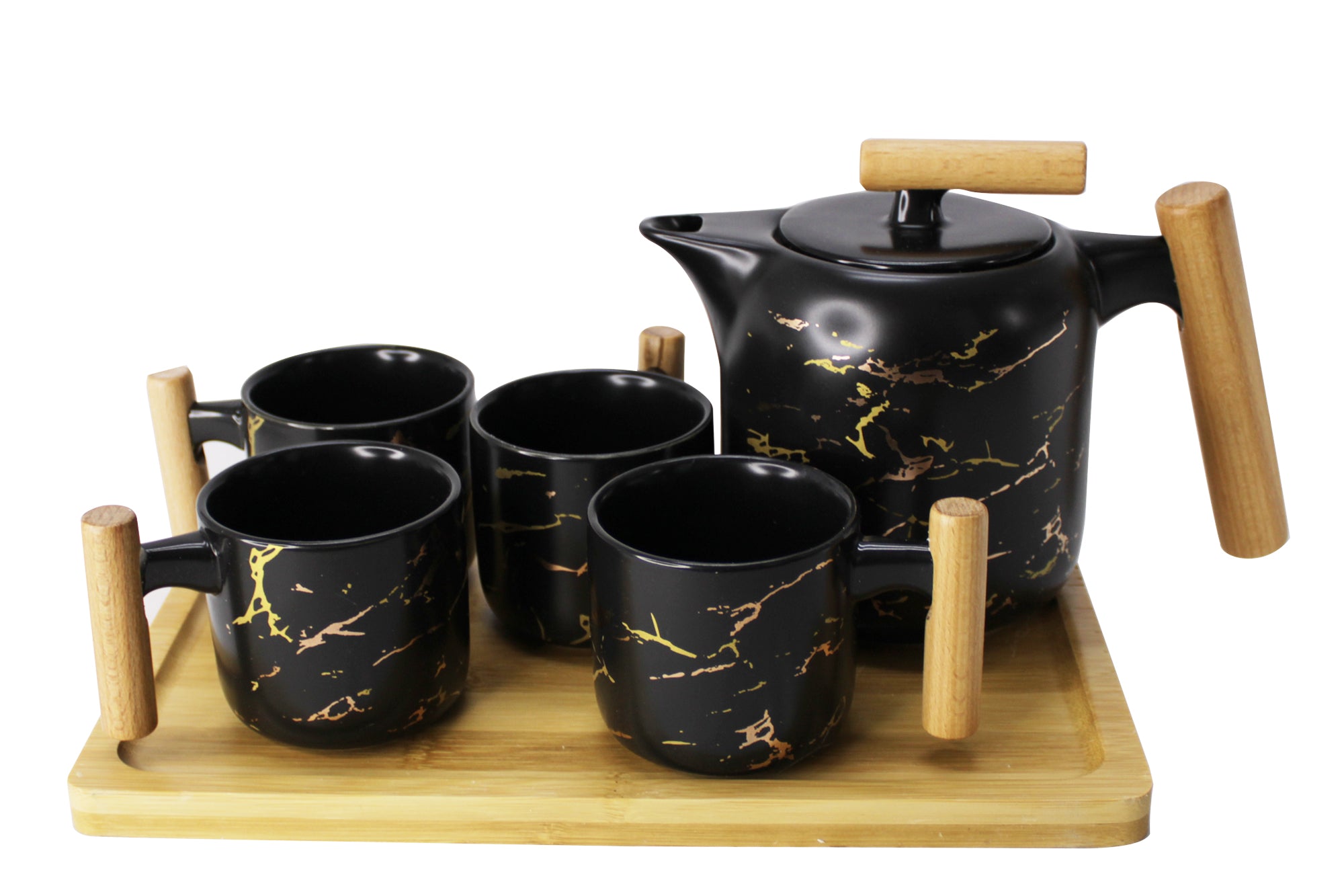 6-Piece Ceramic Black Marble and Bamboo Tea Pot 4-Piece Cup and Serving Tray